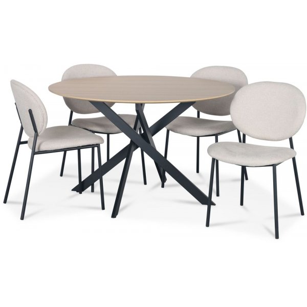 Hogrn Essgruppe 120 cm Tisch aus hellem Holz + 4 getuftete beige Sthle
