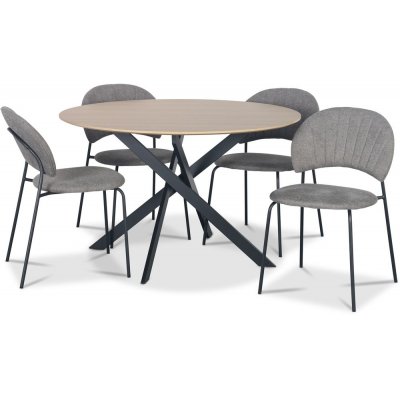 Hogrän-Essgruppe Ø120 cm Tisch aus hellem Holz + 4 graue Hogrän-Stühle