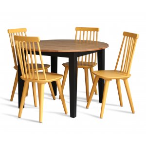 Dalsland-Essgruppe: Runder Tisch in Eiche / Schwarz mit 4 gelben Korbsthlen