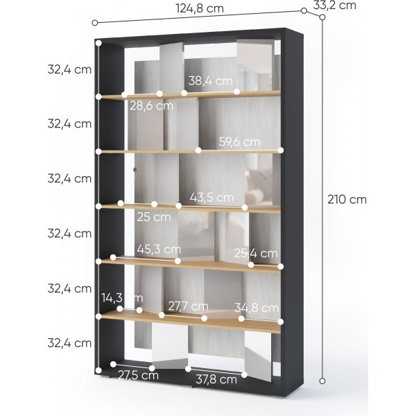 Dika-B�cherregal mit Hintergrundbeleuchtung - Graphit/Eiche/Glanzgrau