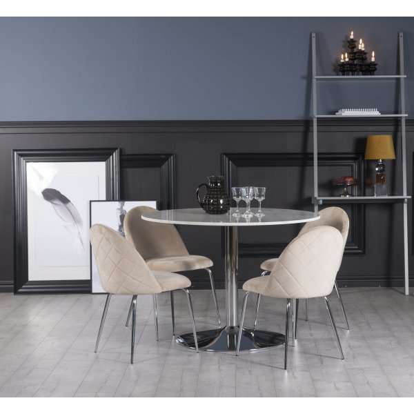 Plaza Essgruppe, Marmortisch mit 4 Plaza Samtstühlen - Beige/Weiß/Chrom