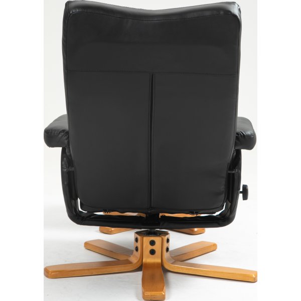 Duva Liegesessel mit Fuhocker aus schwarzem PU mit braunen Beinen