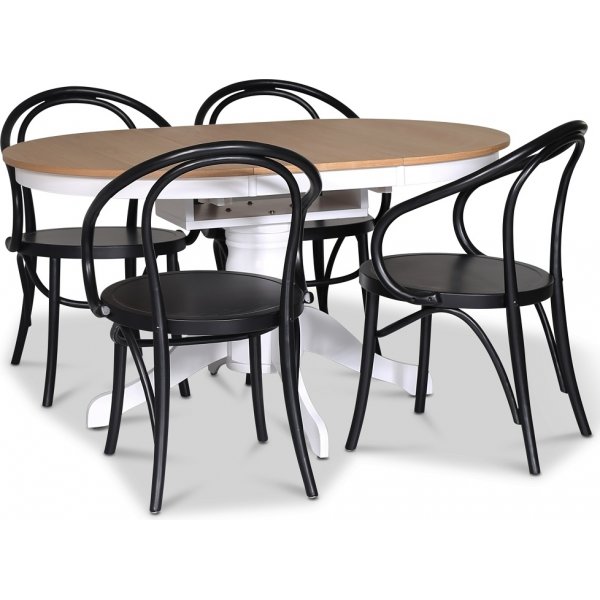 Fitchburg Food Group; Ovaler Esstisch 106-141 cm - Wei / Eiche gelt mit 4 Danderyd No.30 Gestellsthlen Schwarz