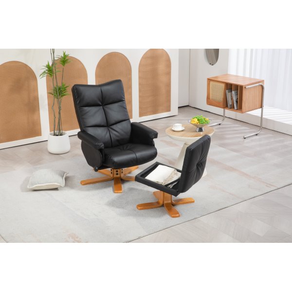 Duva Liegesessel mit Fuhocker aus schwarzem PU mit braunen Beinen