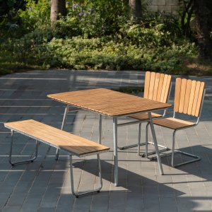 Möllan Gartengruppe in Teak: 2 Stühle mit Bank und Esstisch 120x80 cm Möllan Gartengruppe in Teak: 2 Stühle mit Bank und Esstisch 120x80 cm