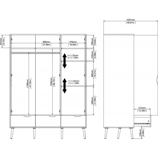 Oslo Kleiderschrank mit 3 Türen - Weiß/Eiche Oslo Kleiderschrank mit 3 Türen - Weiß/Eiche