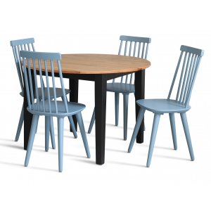 Dalsland-Essgruppe: Runder Tisch in Eiche/Schwarz mit 4 taubenblauen Pinnstola