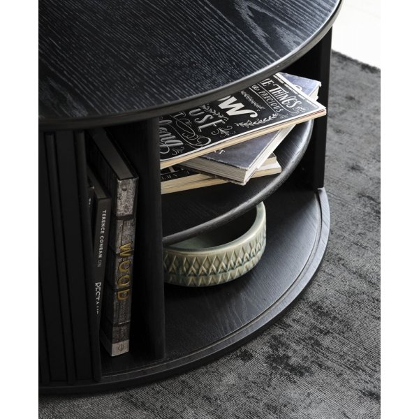 Sierra runder Couchtisch mit Stauraum 85 cm aus schwarz gebeizter Eiche