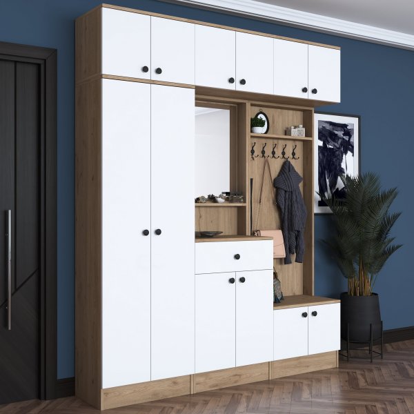 Mendy Flurmbel 180 cm mit Oberschrank - Wei/Walnuss