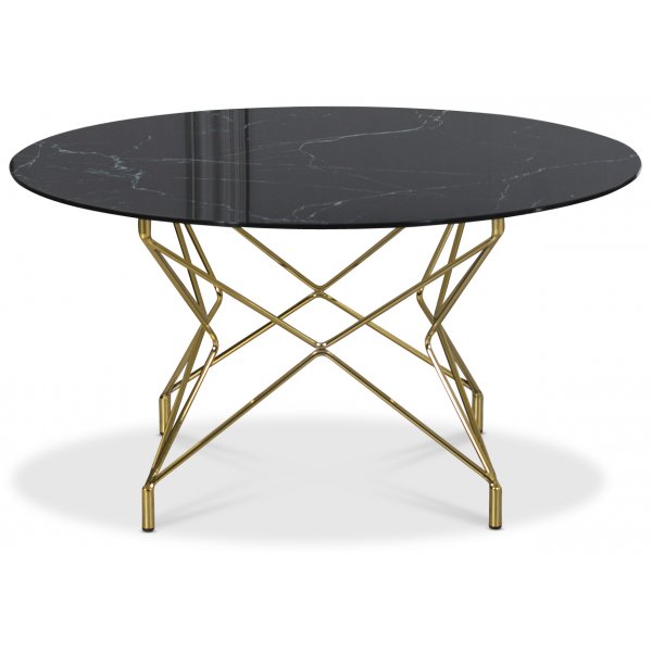 Couchtisch Star 90 cm - schwarzes, marmoriertes Glas / Messingfarbenes Untergestell