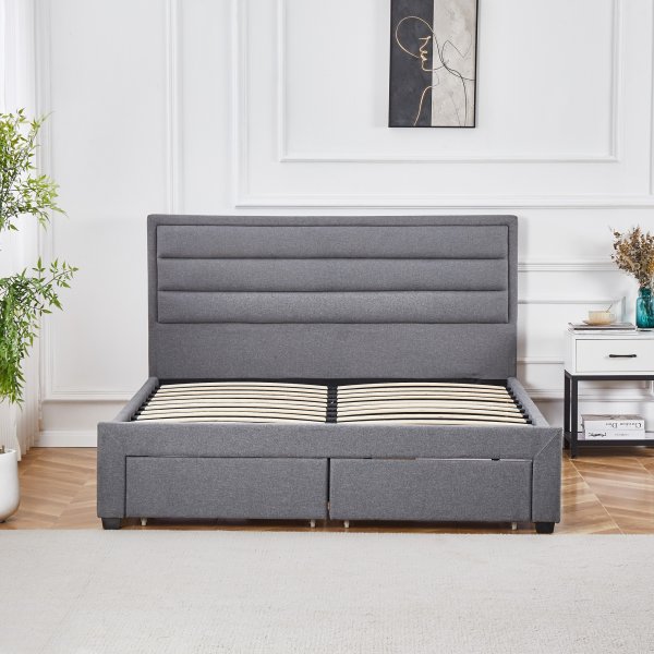 Ulmenholz-Bettgestell in Grau mit Stauraum, 180 x 200 cm + Möbelfüße Ulmenholz-Bettgestell in Grau mit Stauraum, 180 x 200 cm + Möbelfüße