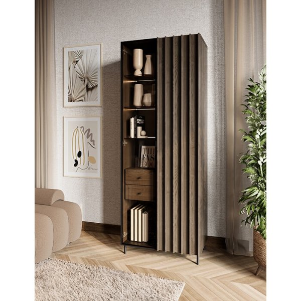 Hoher Glasschrank Piedmont - Portland-Esche/Schwarz