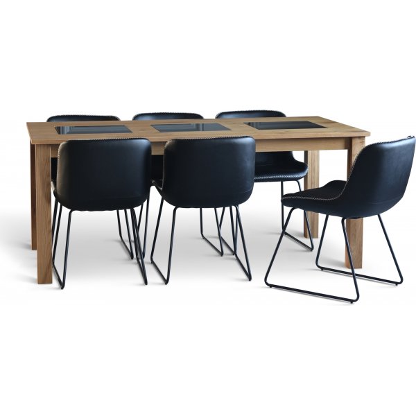 Essgruppe aus Granit; Tisch 180x90 cm Eiche mit 6 Texas-Esszimmersthlen aus schwarzem PU