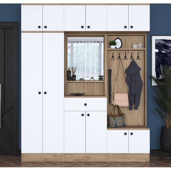 Mendy Flurmbel 180 cm mit Oberschrank - Wei/Walnuss