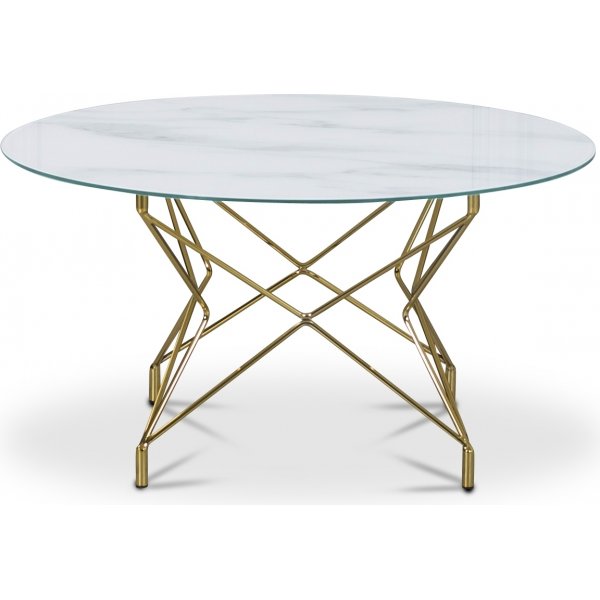 Couchtisch Star 90 cm - wei marmoriertes Glas / Messingfarbenes Untergestell