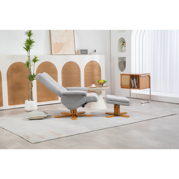 Verstellbarer Sessel Duva inklusive Fuhocker mit Stauraum - Grauer Stoff mit Holzbeinen