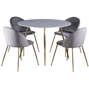 Deco Esstischgruppe 110 cm runder Tisch + 4 Art-Sthle grauer Samt / Messing