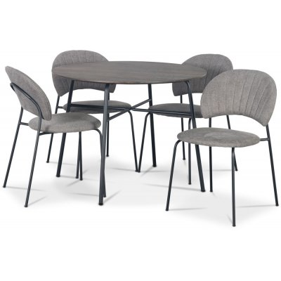 Tufta Essgruppe Ø100 cm Tisch aus dunklem Holz + 4 graue Hogrän-Stühle