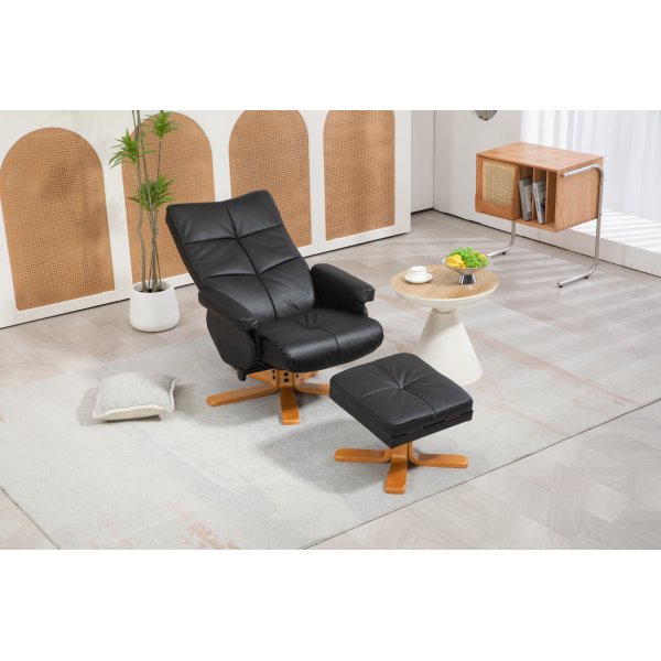 Duva Liegesessel mit Fuhocker aus schwarzem PU mit braunen Beinen