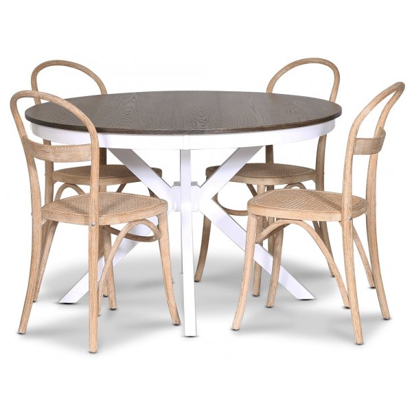 Lebensmittelgruppe Skagen; runder Esstisch 120 cm - wei / braun gebeizte Eiche mit 4 Danderyd No.16 Sthlen Whitewash