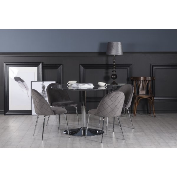 Plaza Esstischset, Marmortisch mit 4 Plaza Samtsthlen - Grau/Grau/Chrom