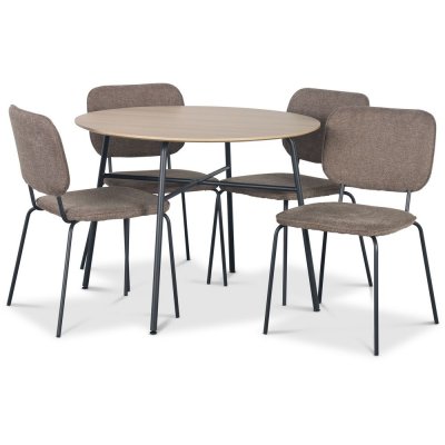 Tufta Essgruppe Ø100 cm Tisch aus hellem Holz + 4 Lokrume braune Stühle