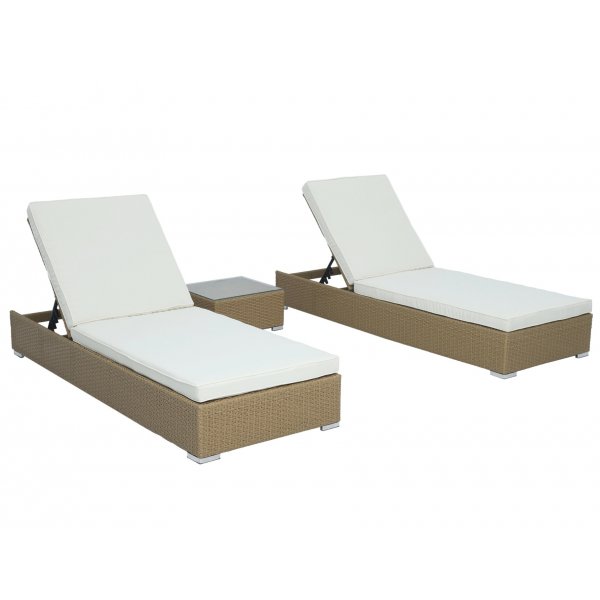 Sonnenliegen 2 Stck mit Tisch - Naturrattan