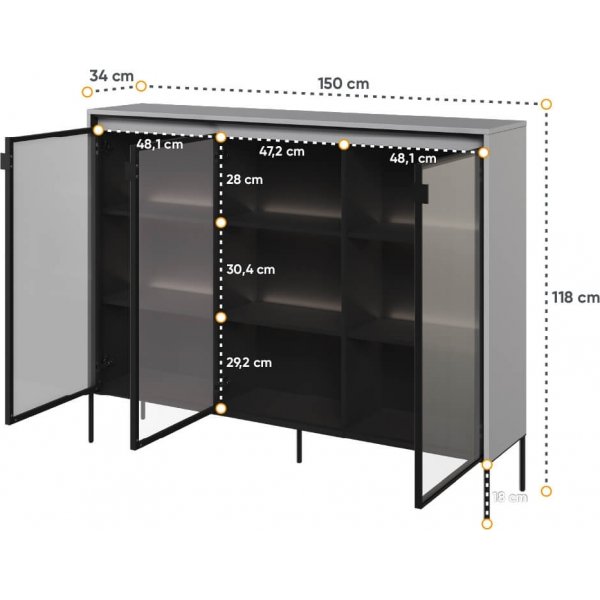 Trendvitrine H118 cm - Grau/Schwarz