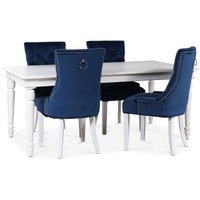 Pariser Esszimmergarnitur weißer Tisch mit 4 Tuva Decotique Stühlen in blauem Samt mit Rückengriffen Pariser Esszimmergarnitur weißer Tisch mit 4 Tuva Decotique Stühlen in blauem Samt mit Rückengriffen