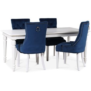 Pariser Esszimmergarnitur weißer Tisch mit 4 Tuva Decotique Stühlen in blauem Samt mit Rückengriffen Pariser Esszimmergarnitur weißer Tisch mit 4 Tuva Decotique Stühlen in blauem Samt mit Rückengriffen