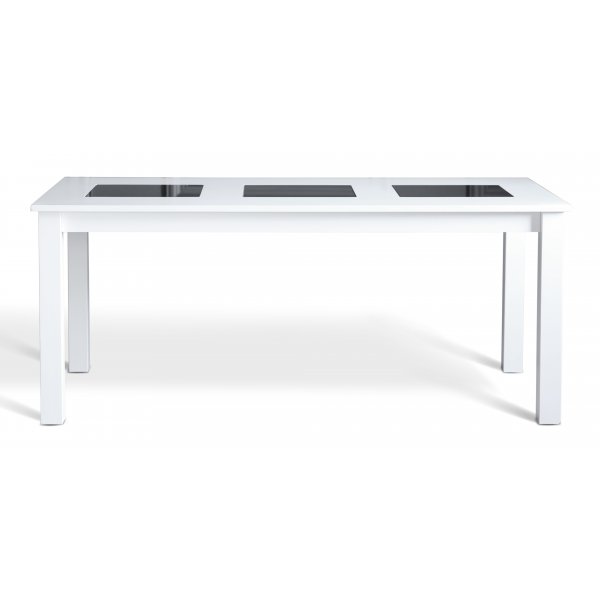 Essgruppe aus Granit; Tisch 180x90 cm weiß mit 6 Texas-Esszimmerstühlen aus schwarzem PU Essgruppe aus Granit; Tisch 180x90 cm weiß mit 6 Texas-Esszimmerstühlen aus schwarzem PU