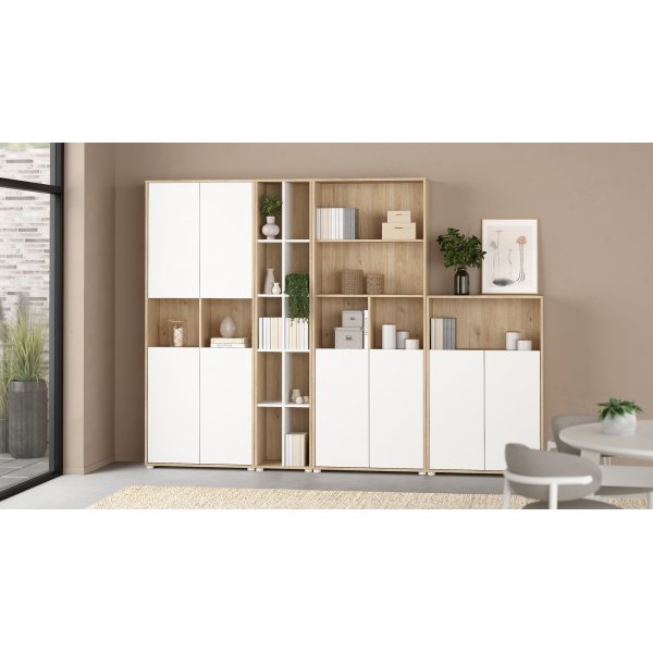 Sign hohes B�cherregal mit 2 T�ren - Wei�/Hickory