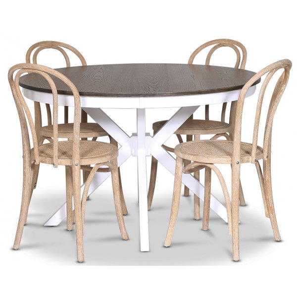 Lebensmittelgruppe Skagen; runder Esstisch 120 cm - wei / braun gebeizte Eiche mit 4 Danderyd No.18 Sthlen Whitewash