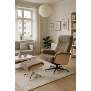 Schaffellsessel mit Fußhocker - Braun / Eiche - Ulla Schaffellsessel mit Fußhocker - Braun / Eiche - Ulla