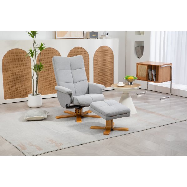 Verstellbarer Sessel Duva inklusive Fuhocker mit Stauraum - Grauer Stoff mit Holzbeinen