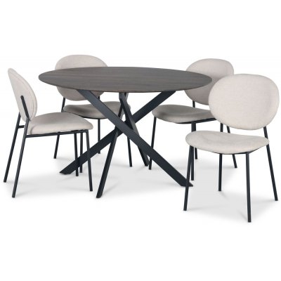 Hogrän Essgruppe Ø120 cm Tisch aus dunklem Holz + 4 getuftete beige Stühle