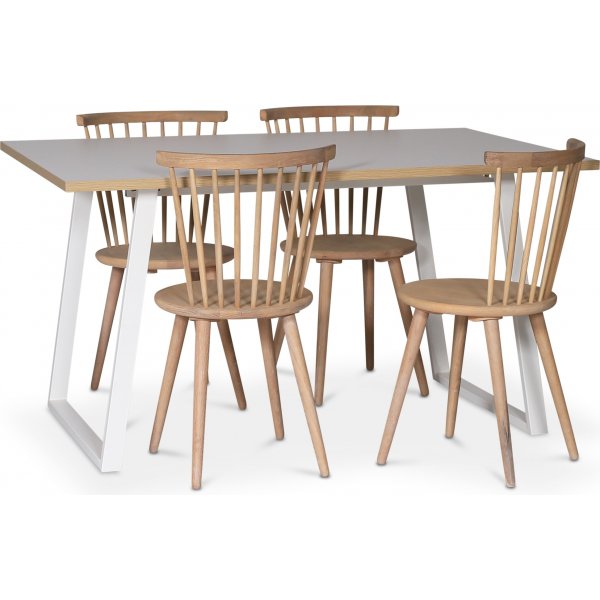 Edge-Essgruppe; Esstisch aus weiem HPL 140 x 90 cm mit 4 Sthlen aus Rohrgeflecht in wei getncht