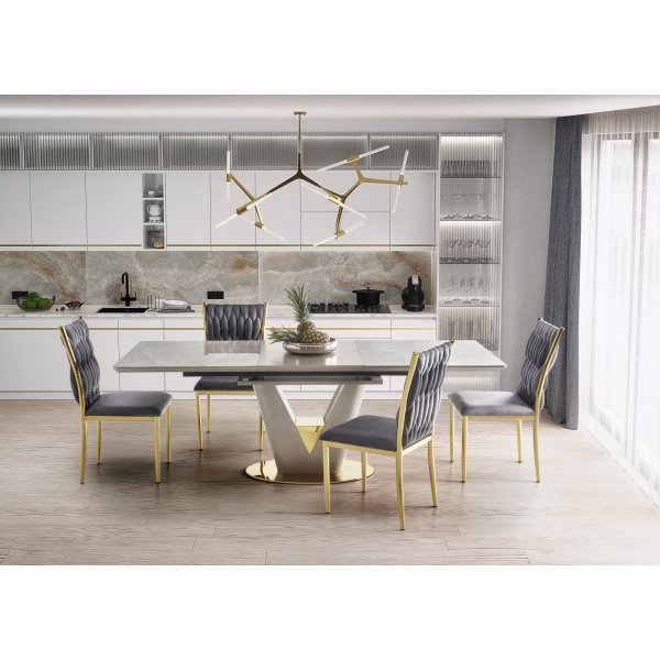 Valentino Esstisch 160-220 x 90 cm - Grauer Marmor/Hellgrau/Gold Valentino Esstisch 160-220 x 90 cm - Grauer Marmor/Hellgrau/Gold