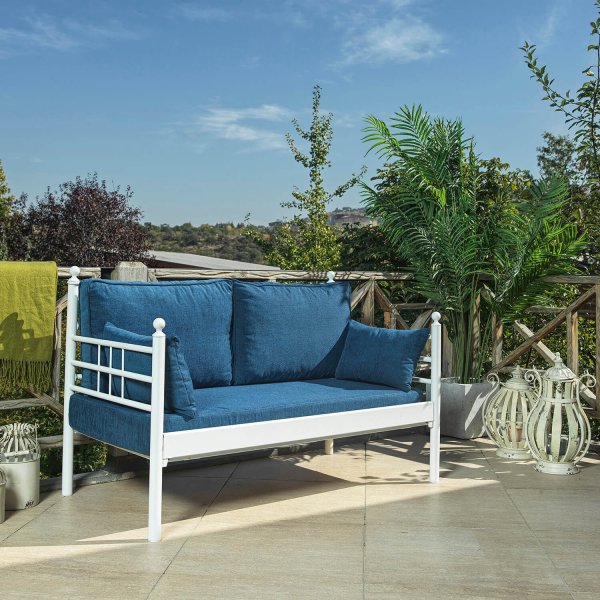 Manyas 2-Sitzer Outdoor-Sofa - Weiß/Blau + Textilreinigung für Möbel Manyas 2-Sitzer Outdoor-Sofa - Weiß/Blau + Textilreinigung für Möbel