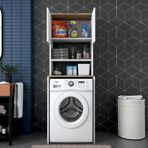 Langer Waschmaschinenschrank 1 - Wei�/Walnuss