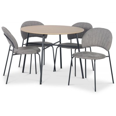 Tufta Essgruppe Ø100 cm Tisch aus hellem Holz + 4 graue Hogrän-Stühle