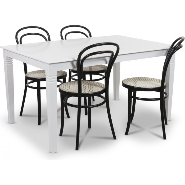 Mellby Essgruppe 140 cm Tisch mit 4 schwarzen Thonet No14 Sthlen - Wei / Schwarz