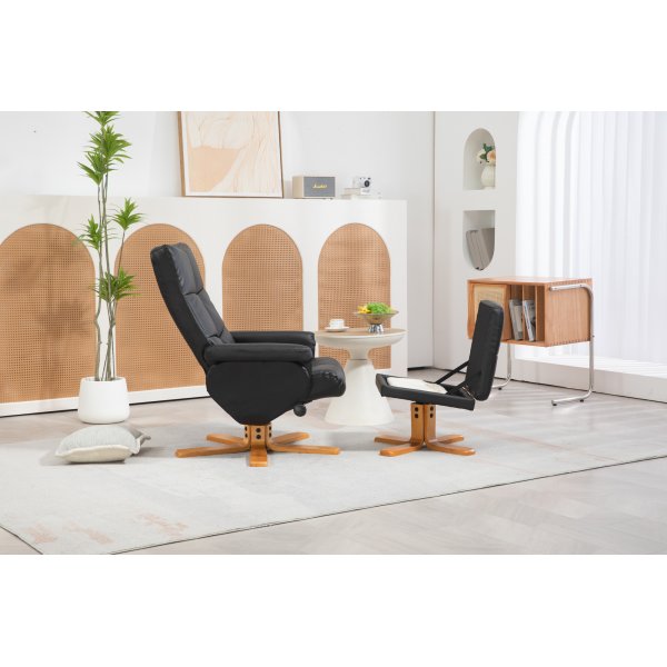 Duva Liegesessel mit Fuhocker aus schwarzem PU mit braunen Beinen
