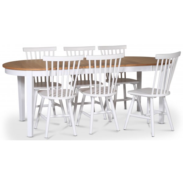 Lebensmittelgruppe Fr; Esstisch 160/210x90 cm - Eiche wei / gelt mit 6 weien Karlrohrsthlen