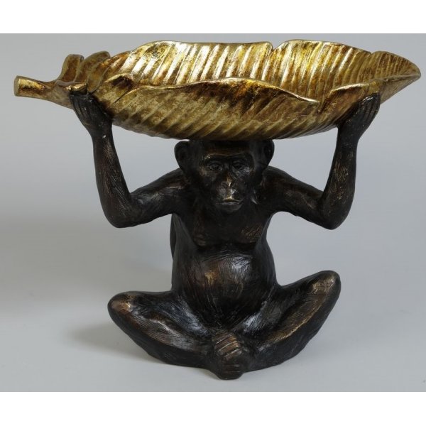 Statue Affe mit Blttern - Schwarzes Messing