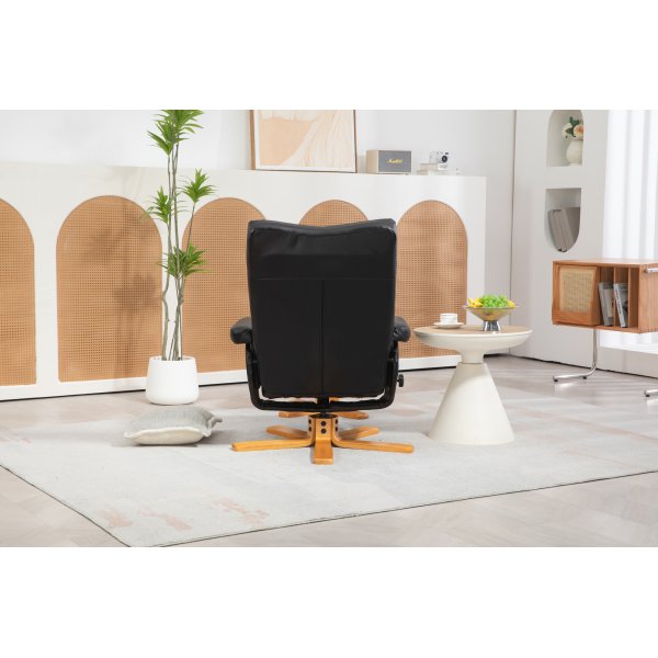 Duva Liegesessel mit Fuhocker aus schwarzem PU mit braunen Beinen