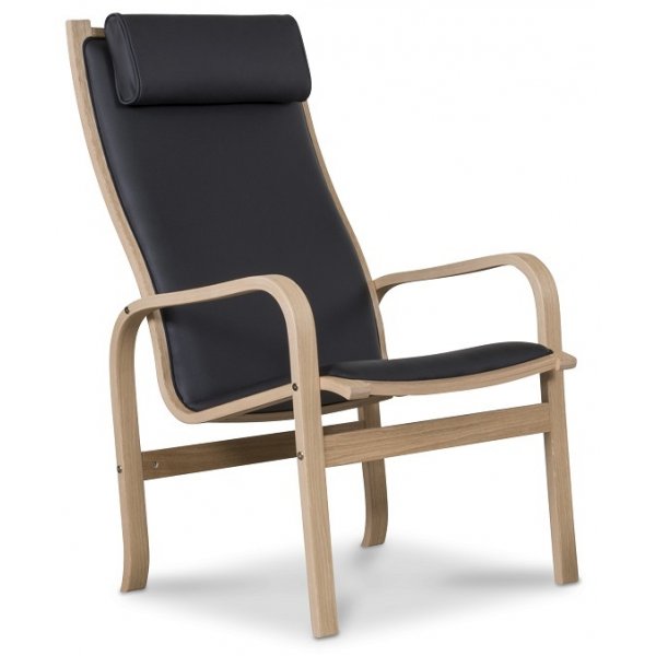 Sessel Frank mit Fuhocker - schwarzes Leder / gelte Eiche