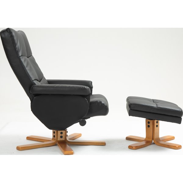 Duva Liegesessel mit Fuhocker aus schwarzem PU mit braunen Beinen