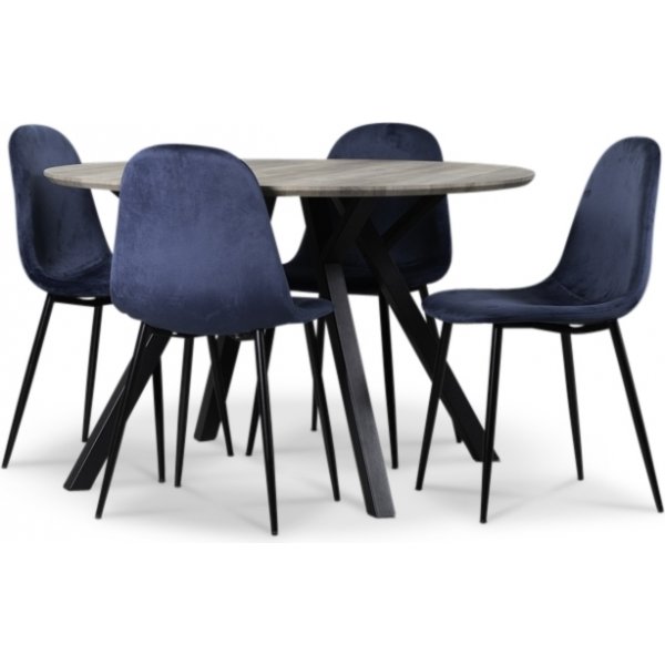 Smokey Esstischgruppe, runder Esstisch mit 4 Carisma Samtsthlen - Blau