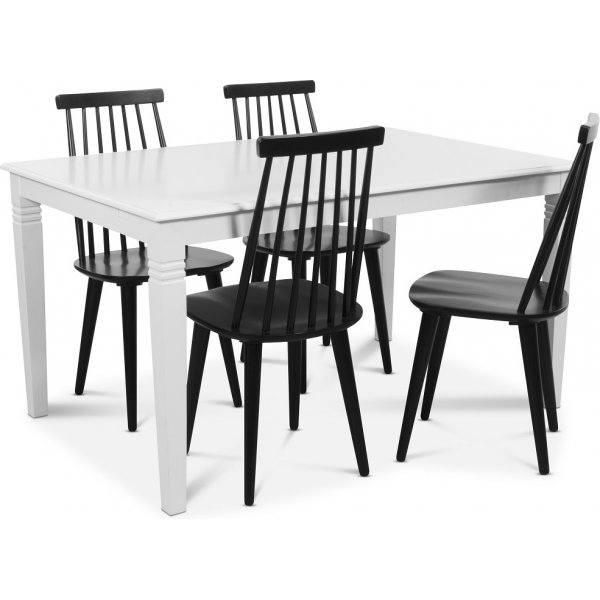 Mellby Essgruppe 140 cm Tisch mit 4 schwarzen Dalsland-Stegsthlen - Wei / Schwarz